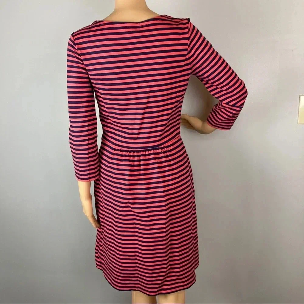 J. Crew Women's Size 4 Long Sleeve Striped Dress Pockets Navy/Coral